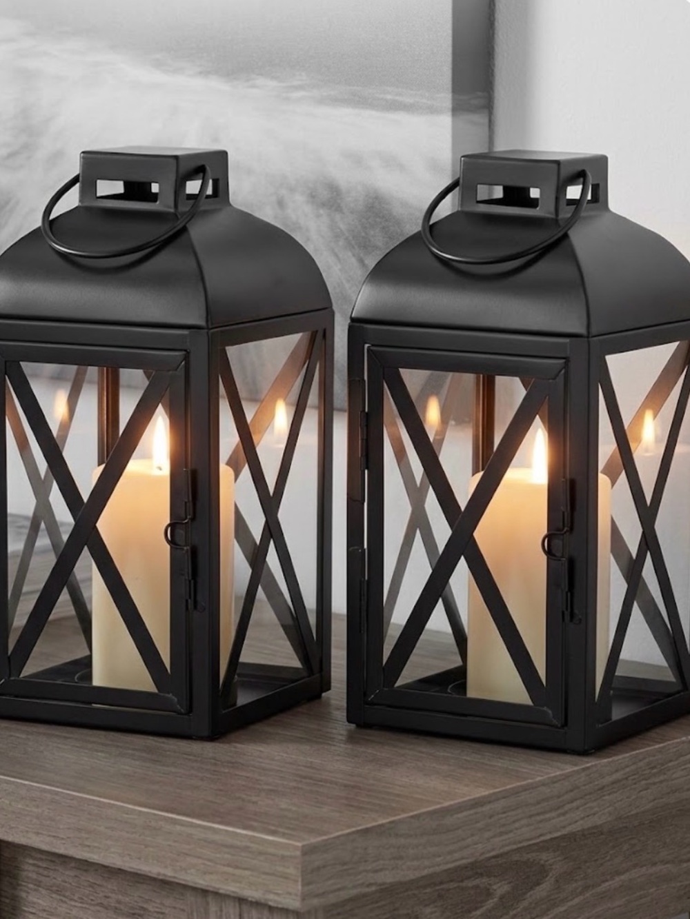 Mainstays ⚜️🖤⚜️ Set of 2 Black Metal Glass Candle Lantern Farmhouse Home Decor
